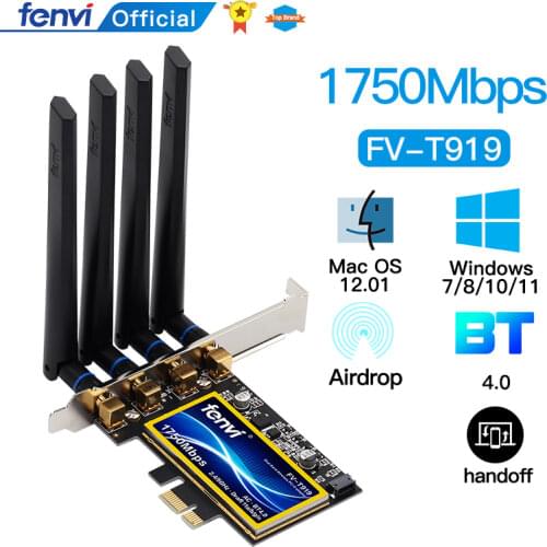 PCIe Wi-Fi карта Fenvi T919 для настольного ПК, 1750 Мбит/с, BCM94360 для MacOS Hackintosh 802.11AC Bluetooth 4,0, двухдиапазонный беспроводной адаптер Win10