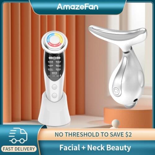 AmazeFan 7in1RF & EMS лифтинг красота 3 + цветов светодиодный фотон уход за кожей лица и шеи Массажер терапия разогрев удаление морщин двойной подбородок