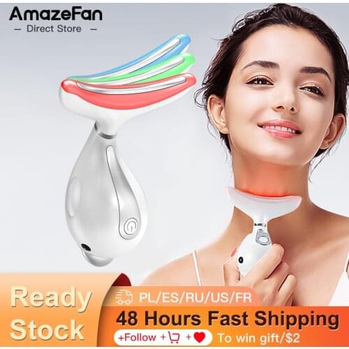 Аппарат для красоты шеи AmazeFan, светодиодный фотонный терапия, 3 цвета, уход за кожей и EMS, лифтинг, для подтяжки кожи лица, против морщин, массажер для лица